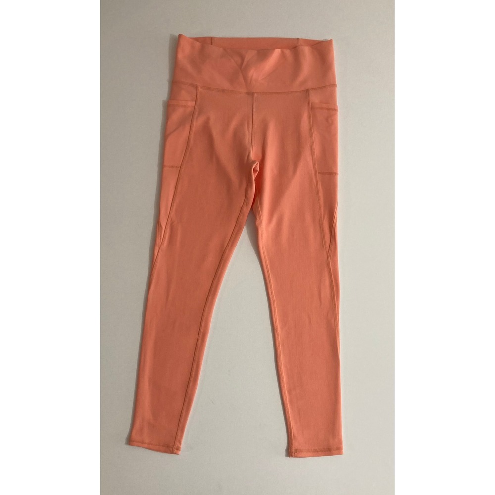 Kyodan Womens High Waisted Ribbed Active Leggings Coral Peach Side Pockets S/L